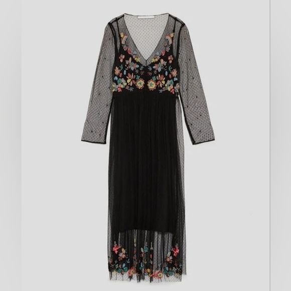 ZARA Floral Beaded Tulle Dress Sequin Mesh Sheer Midi Long Sleeve Plumeti - Picture 1 of 15